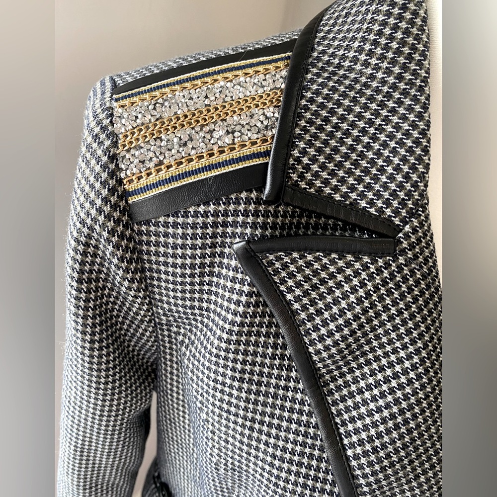 Sam Edelman Black & White Houndstooth Jacket with Gold Chain Embellish